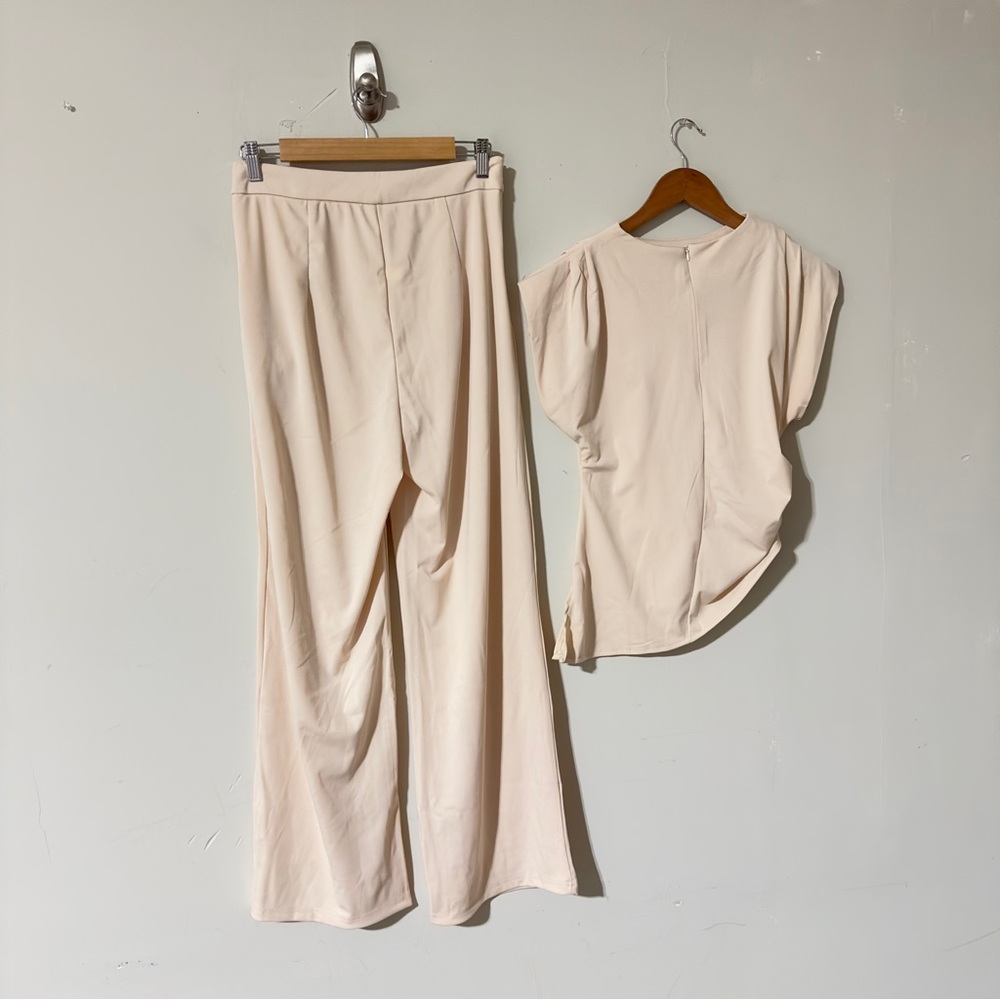 👉 Chic Cream 2-Piece Set | Drape Front Top & Wide-Leg Trousers